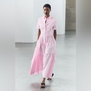 ZARA Poplin Pocket Belt Waist Slanted Ruffle Midi Dress Size Small Pink NWT